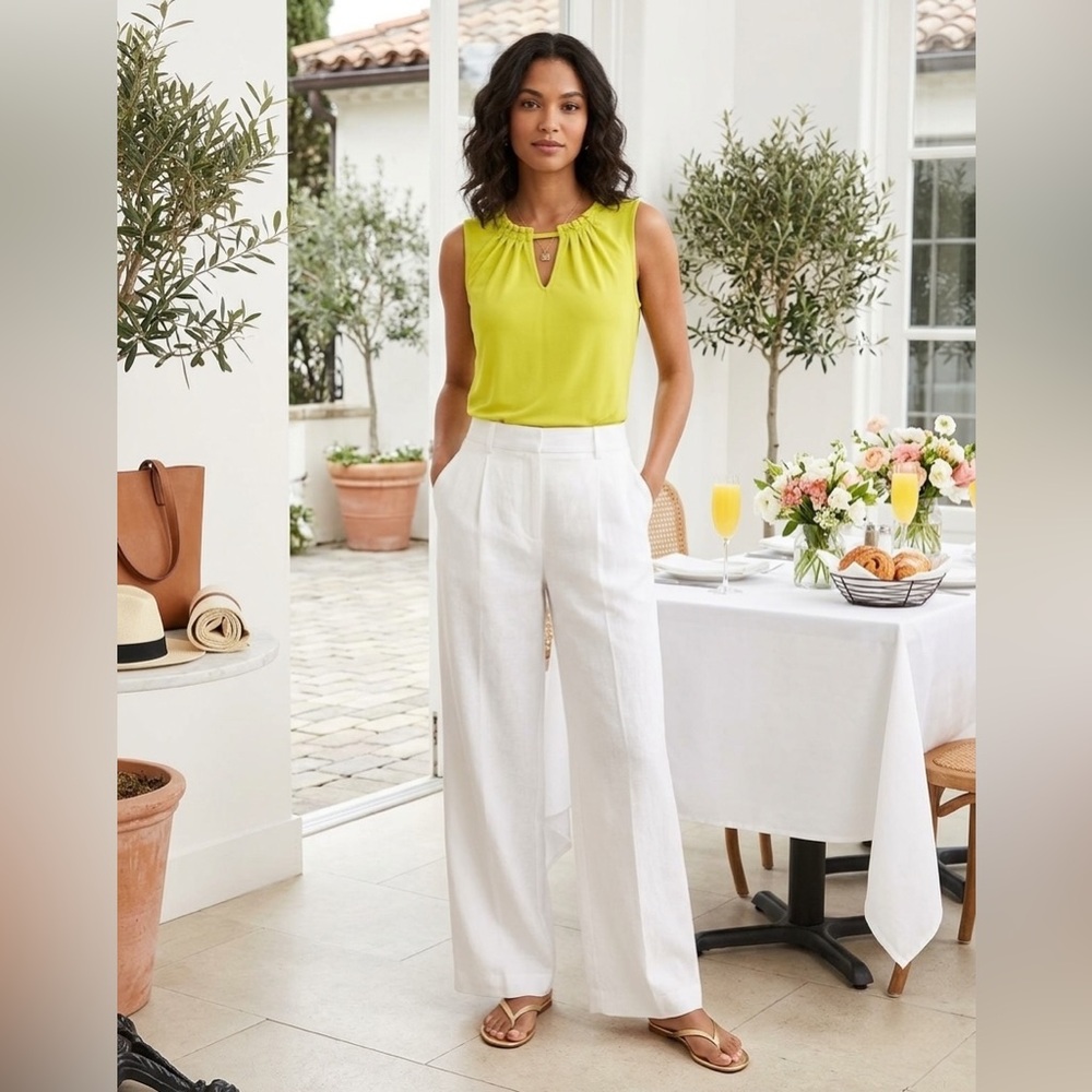 💐 NY&C 7th Ave Studio Chartreuse Ruched Keyhole Sleeveless Blouse NWT | S